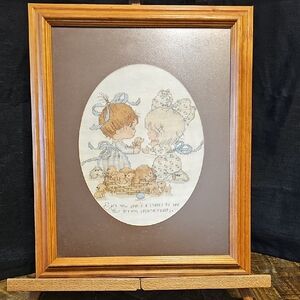 Rustic Brown Wooden Frame with Cross-Stitch Art